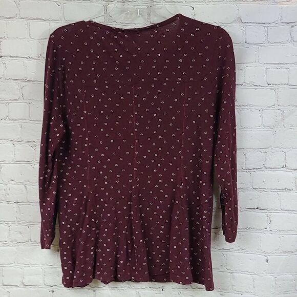 Lucky Brand Burgundy Print Ruched Sleeve Thermal Tee Linen Knit Shirt Medium Top - Picture 11 of 13